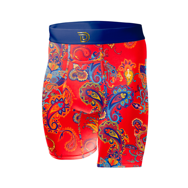 Expressionz Bel-Air — men's red boxer briefs with blue paisley graphic print