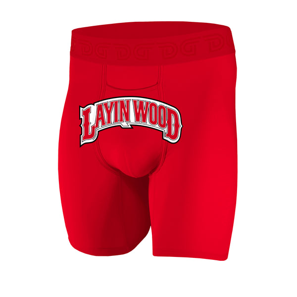 Layin Wood — men's black boxer briefs with red Layin Wood 420 print, additional view