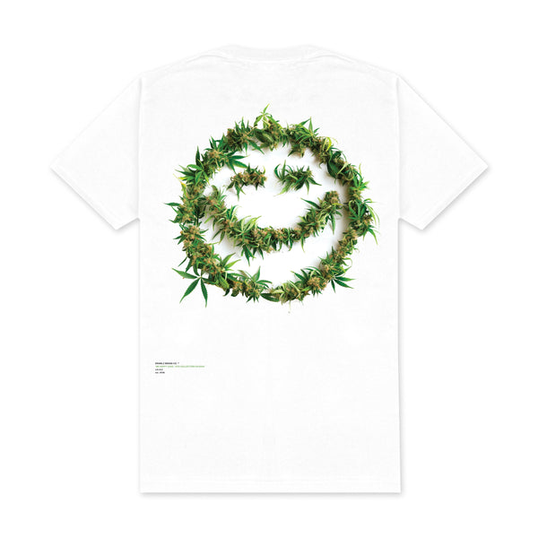 420 Be Happy — men's white graphic t-shirt with green cannabis smiley design