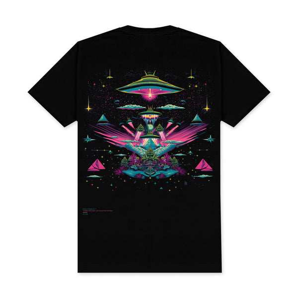 420 Cosmic Indo — men's black graphic t-shirt with cosmic psychedelic design