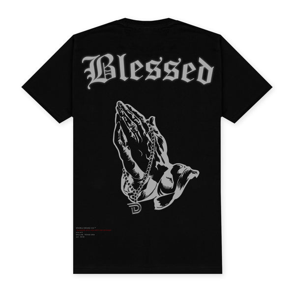 Blessed — men's black graphic t-shirt with praying hands and Blessed script