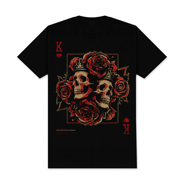King of Hearts — men's black graphic t-shirt with King of Hearts playing-card design