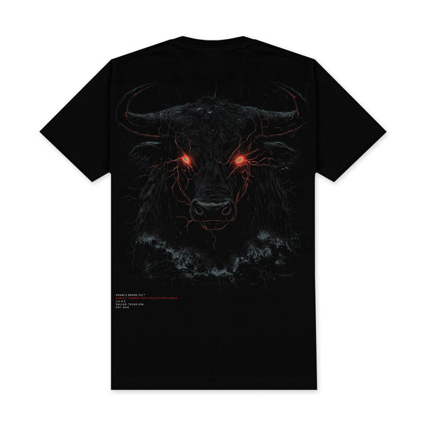 Taurus — men's black zodiac graphic t-shirt with red-eyed bull design