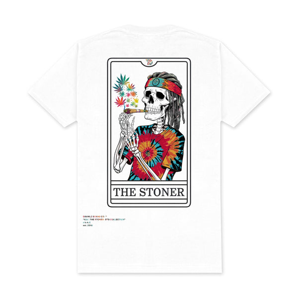 The Stoner Tarot Card — men's white graphic t-shirt with tarot-card design