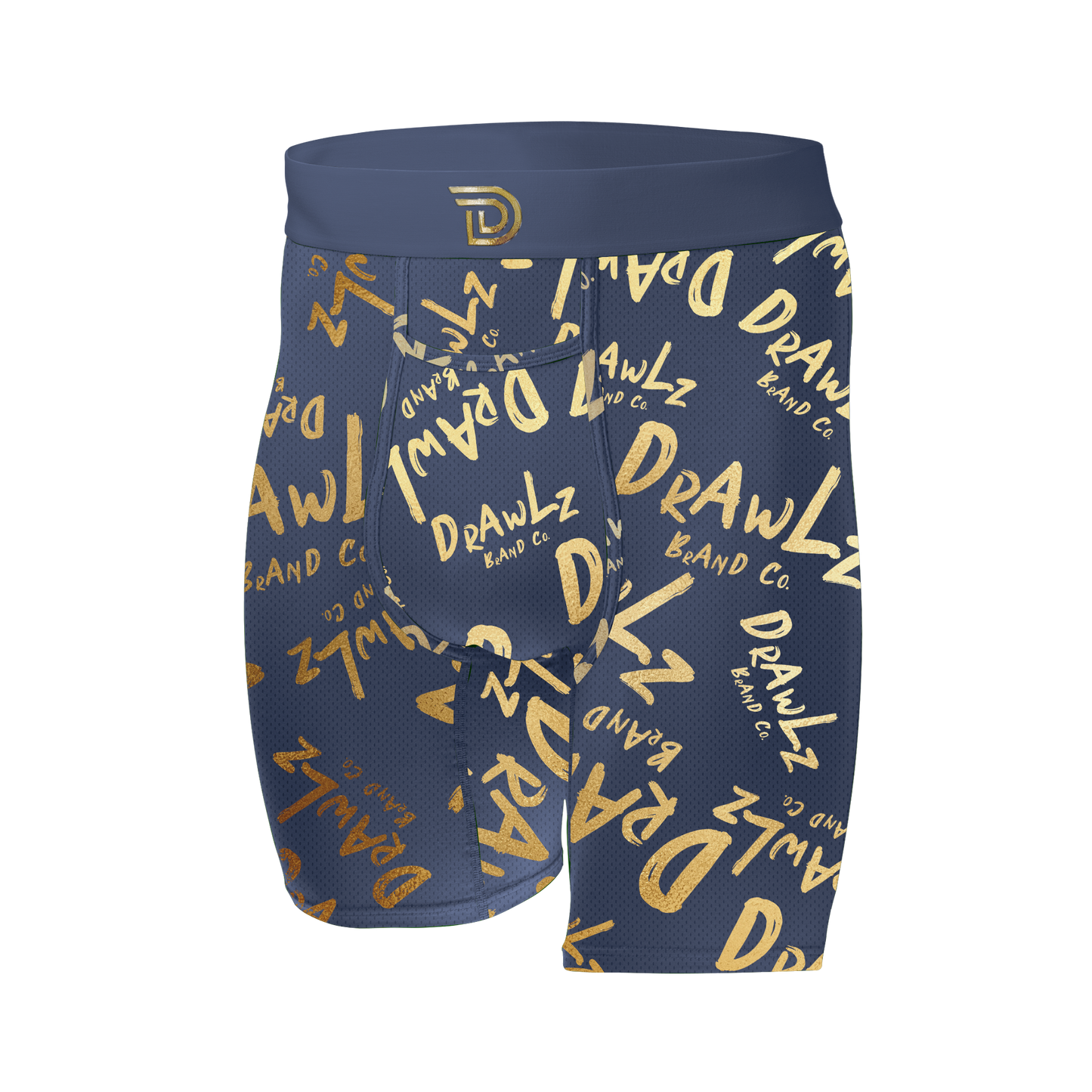 Anniversary Signature — men's navy boxer briefs with gold Drawlz-script print, limited edition