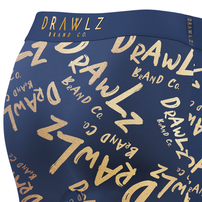 Anniversary Signature — men's navy boxer briefs with gold Drawlz-script print, limited edition, additional view