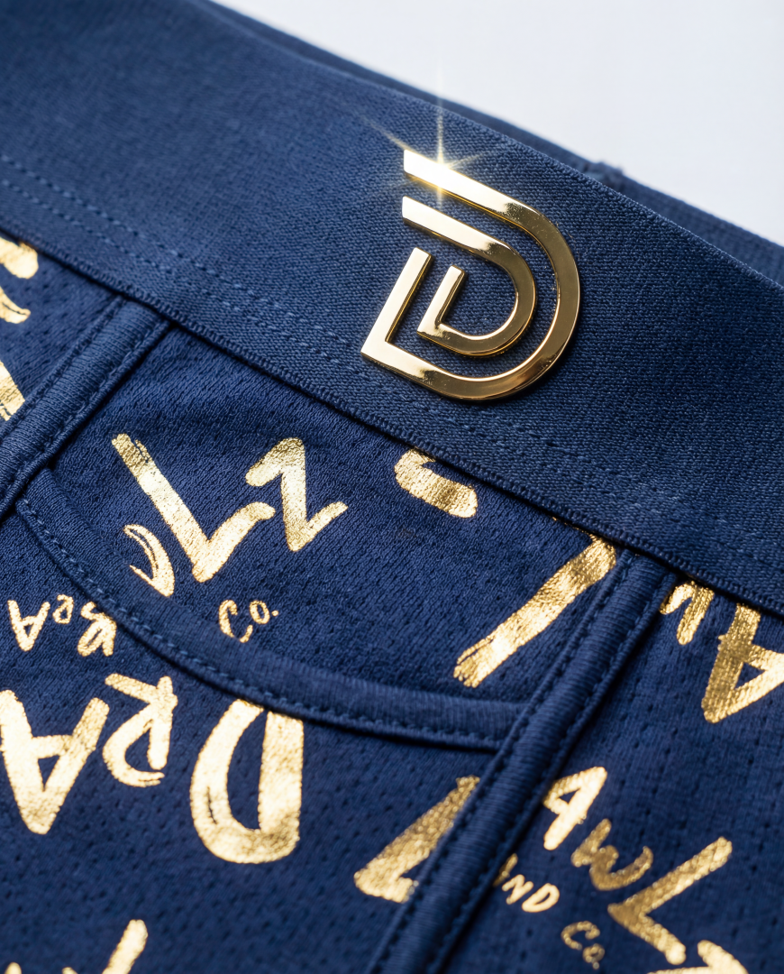 Anniversary Signature — men's navy boxer briefs with gold Drawlz-script print, limited edition, additional view