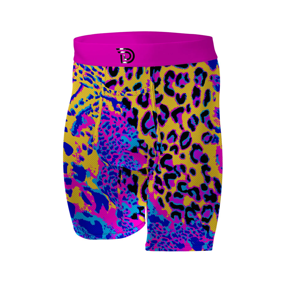 Jungle Fever — men's purple boxer briefs with gold leopard graphic print