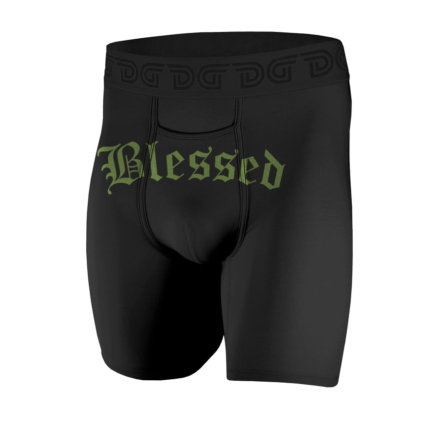 Blessed Combat Green — men's black boxer briefs with green Blessed gothic script