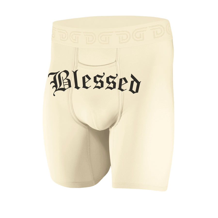 Blessed — men's black boxer briefs with white Blessed gothic script, additional view