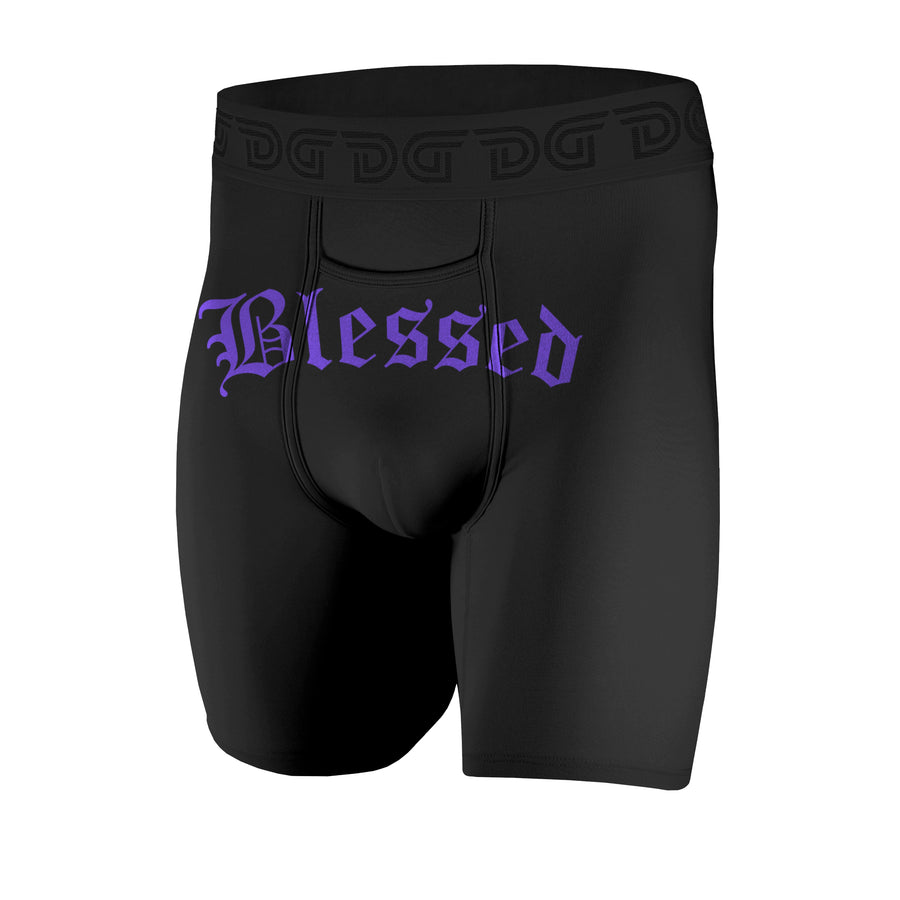 Blessed Royal Purple — men's black boxer briefs with purple Blessed gothic script