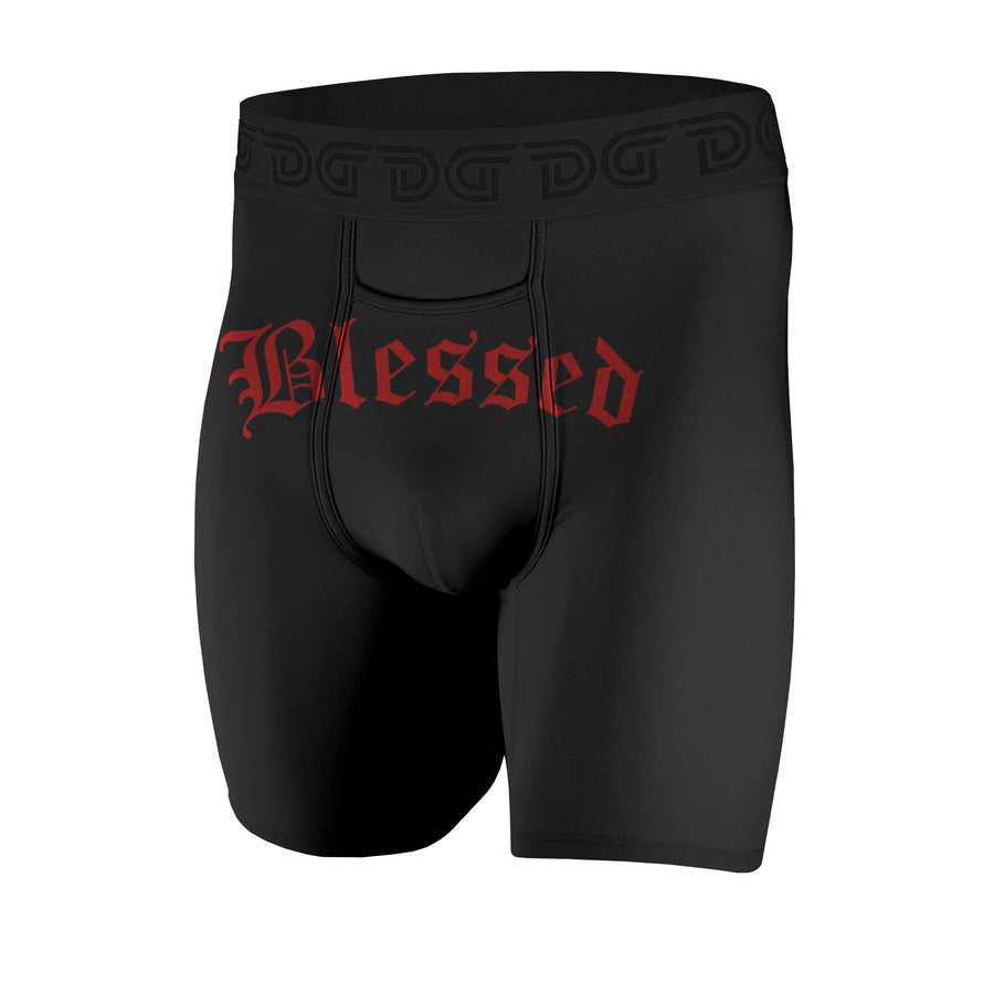 Blessed — men's black boxer briefs with white Blessed gothic script, additional view