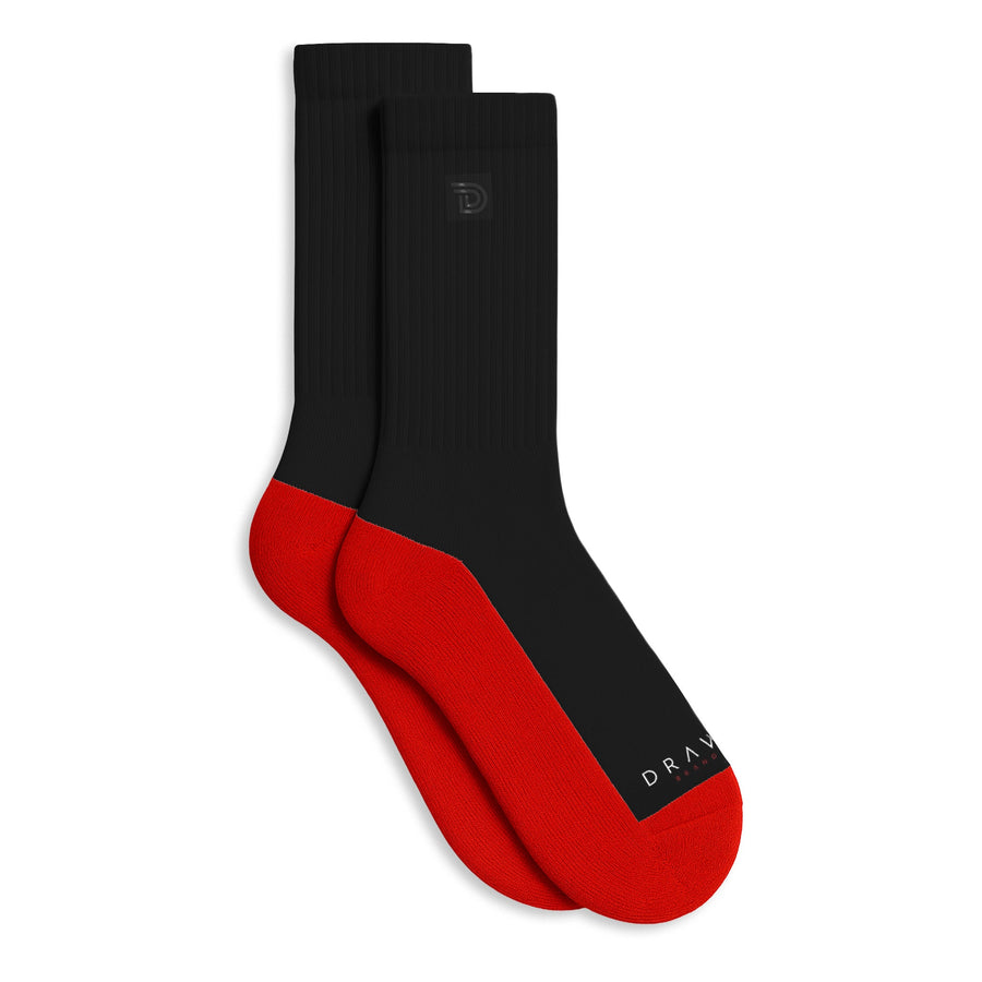 Black socks with red toes and cuffs 