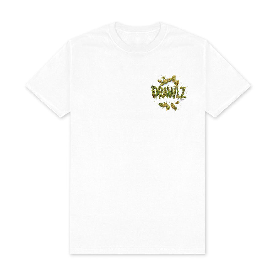 420 Be Happy — men's white graphic t-shirt with green cannabis smiley design, additional view