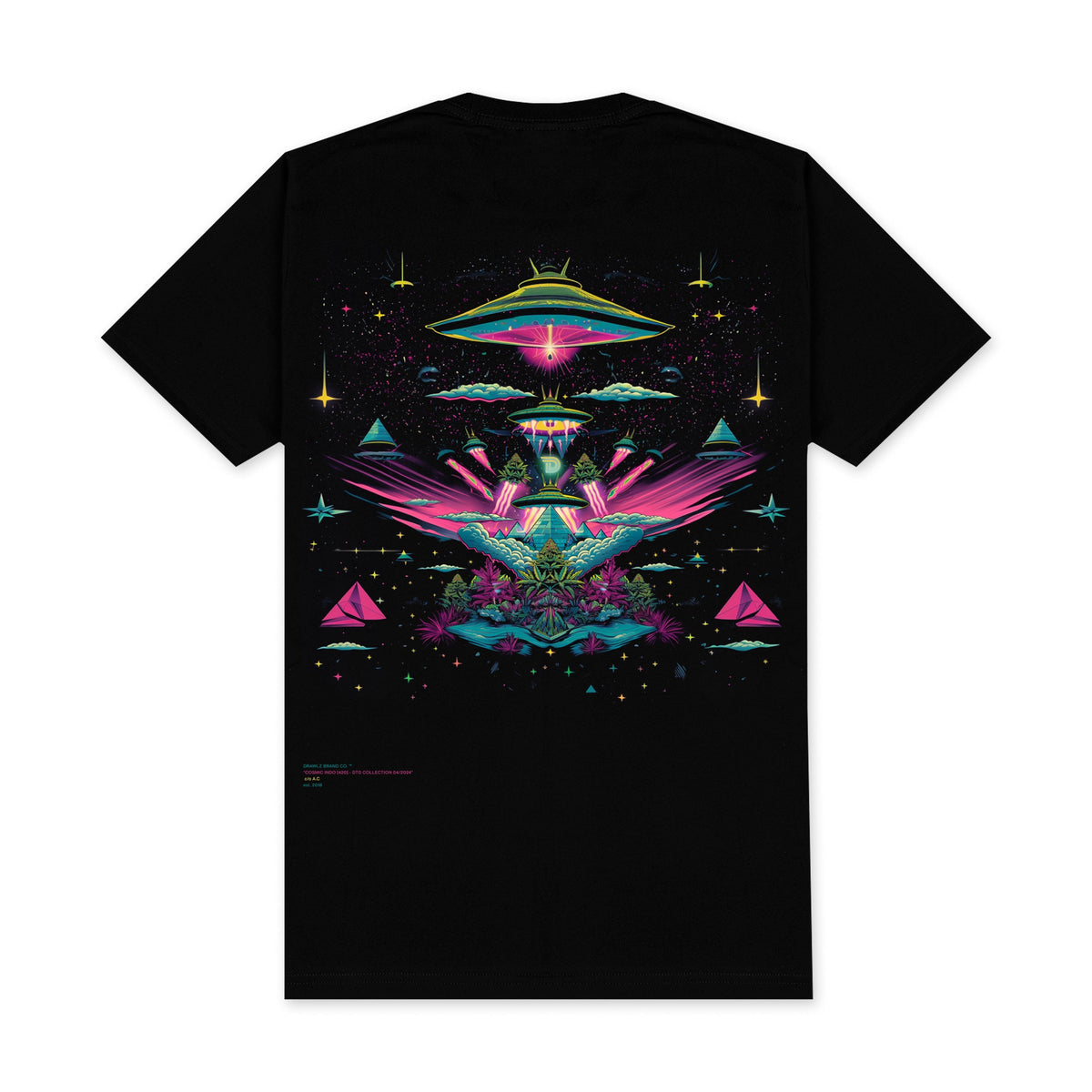 420 Cosmic Indo — men's black graphic t-shirt with cosmic psychedelic design