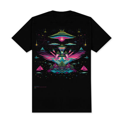 420 Cosmic Indo — men's black graphic t-shirt with cosmic psychedelic design