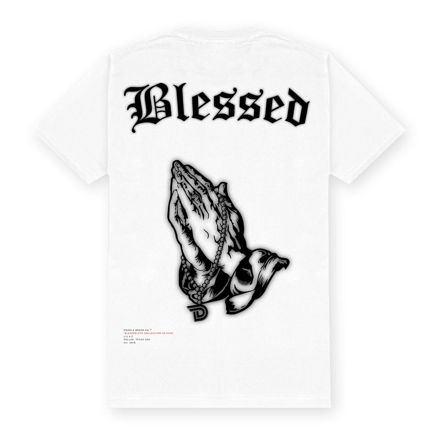 Blessed — men's black graphic t-shirt with praying hands and Blessed script, additional view