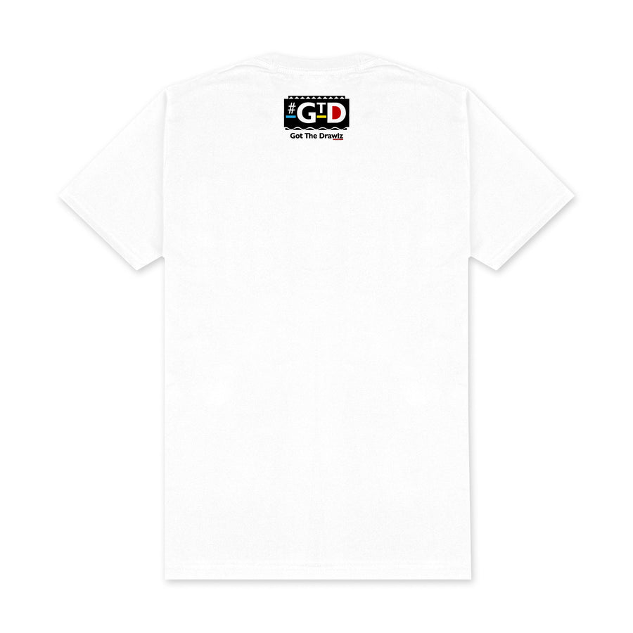 DBC Originalz Logo — men's white graphic t-shirt with red Drawlz logo, additional view