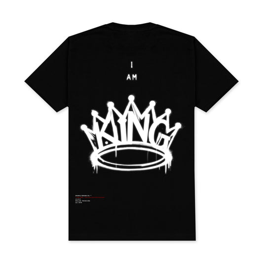 I Am King — men's black graphic t-shirt with white crown design