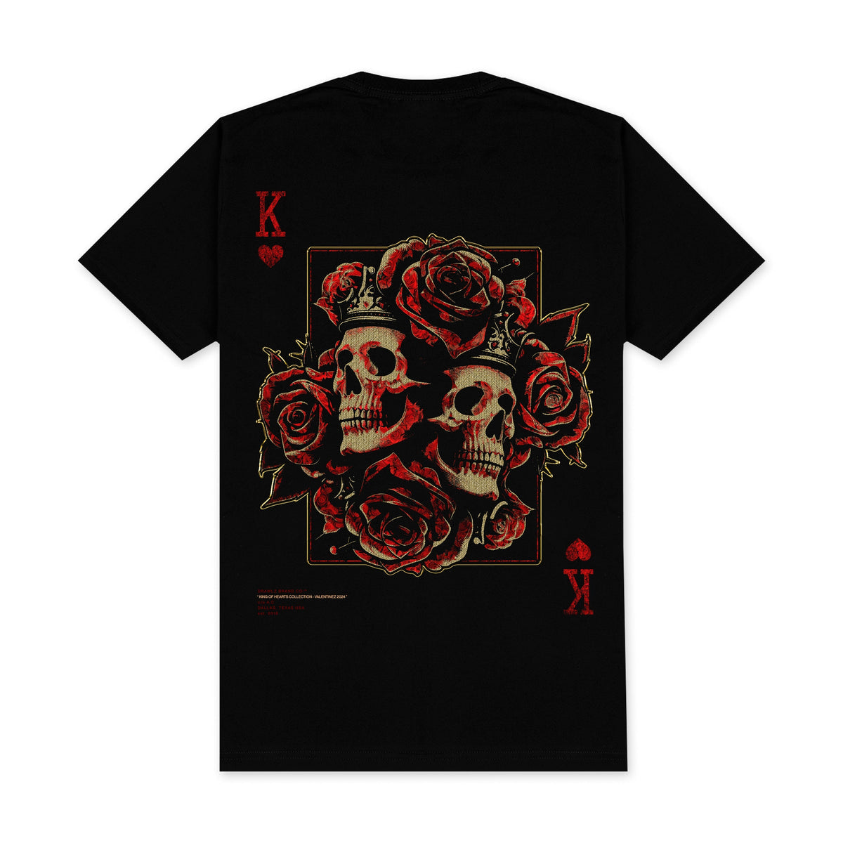 King of Hearts — men's black graphic t-shirt with King of Hearts playing-card design