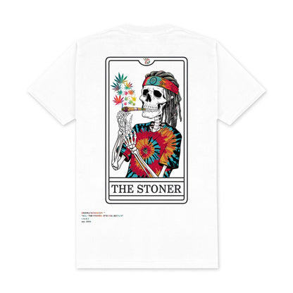 The Stoner Tarot Card — men's white graphic t-shirt with tarot-card design