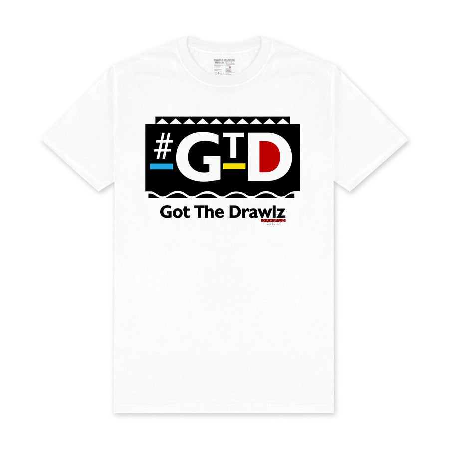 GTD — men's white graphic t-shirt with red GTD box logo