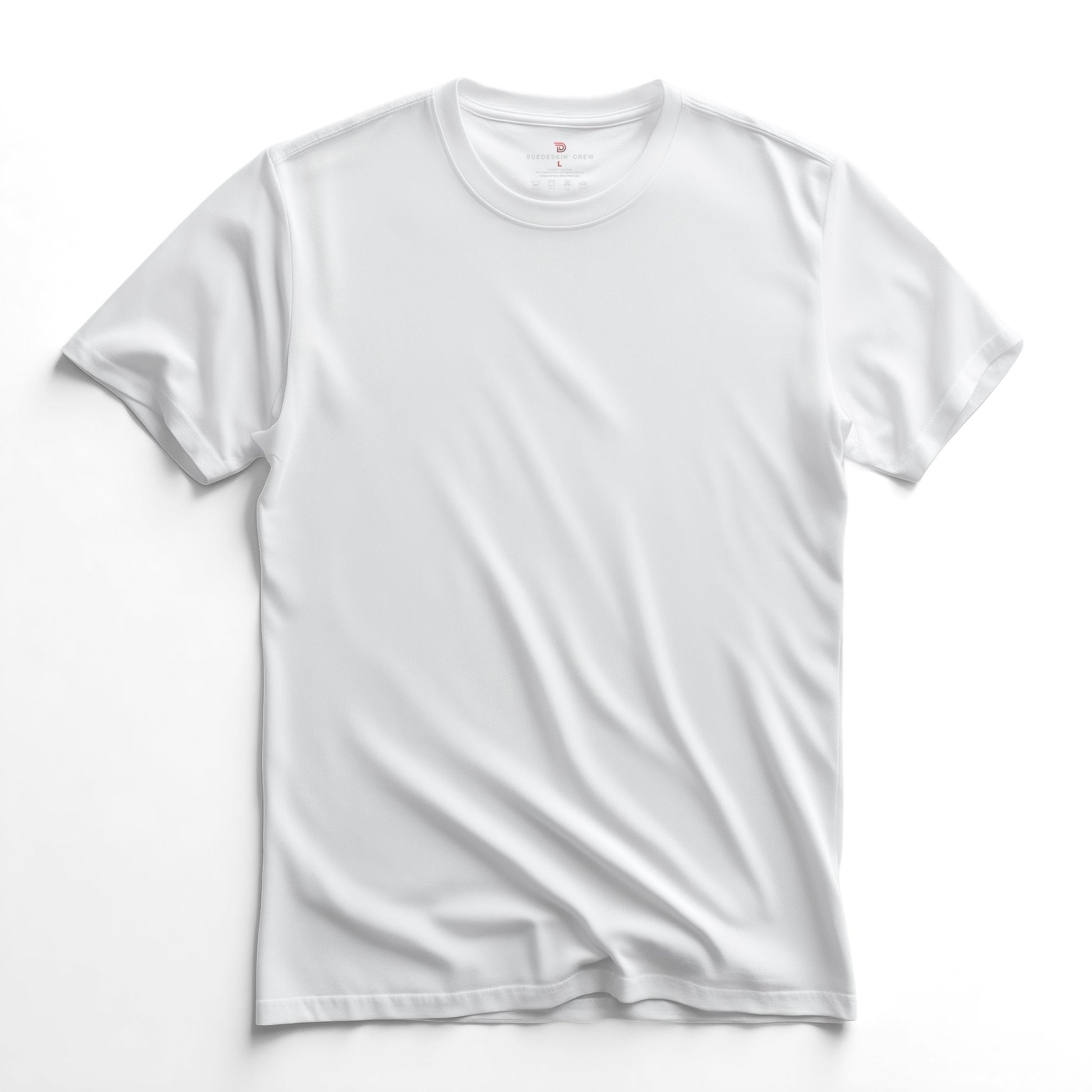 SuedeSkin Crew — men's white suede-feel crew neck t-shirt