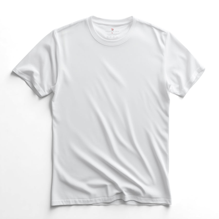 SuedeSkin Crew — men's white suede-feel crew neck t-shirt