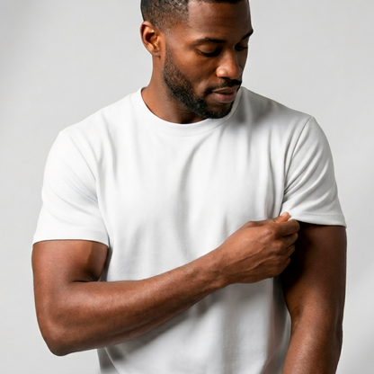 SuedeSkin Crew — men's white suede-feel crew neck t-shirt, on model