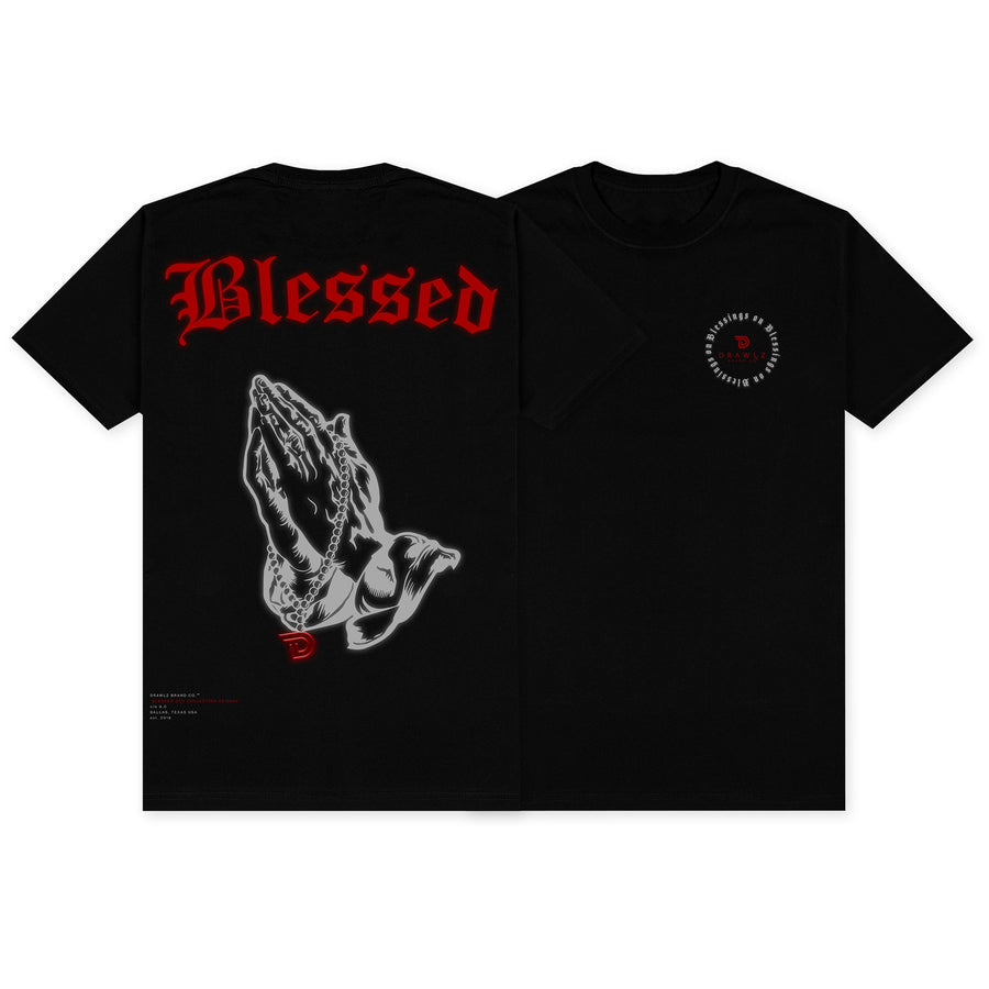 Blessed — men's Bloodline Red graphic t-shirt with praying hands and Blessed script